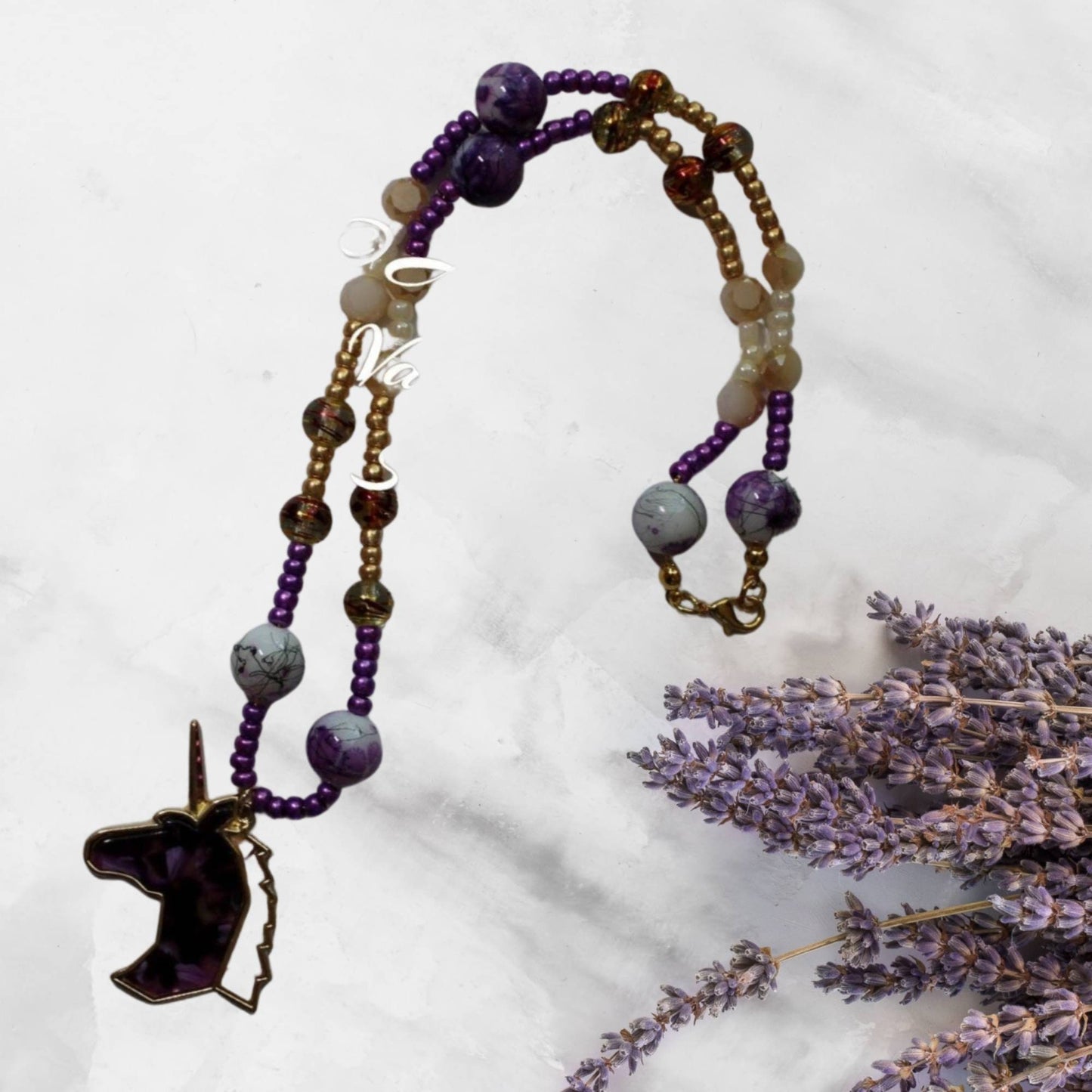 Purple Unicorn Head Pendant Bead Necklace