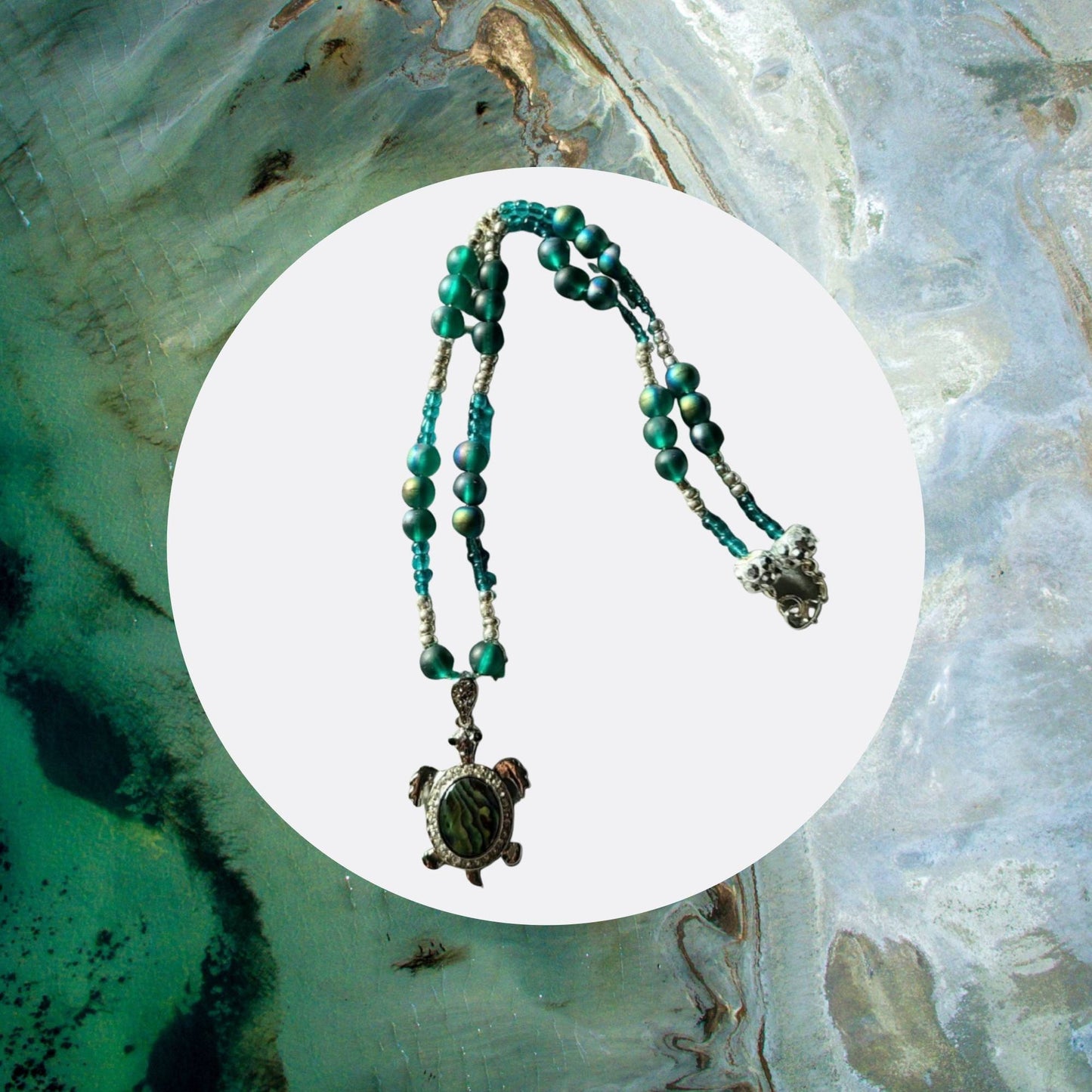 Green Turtle Pendant Bead Necklace & Earring Set