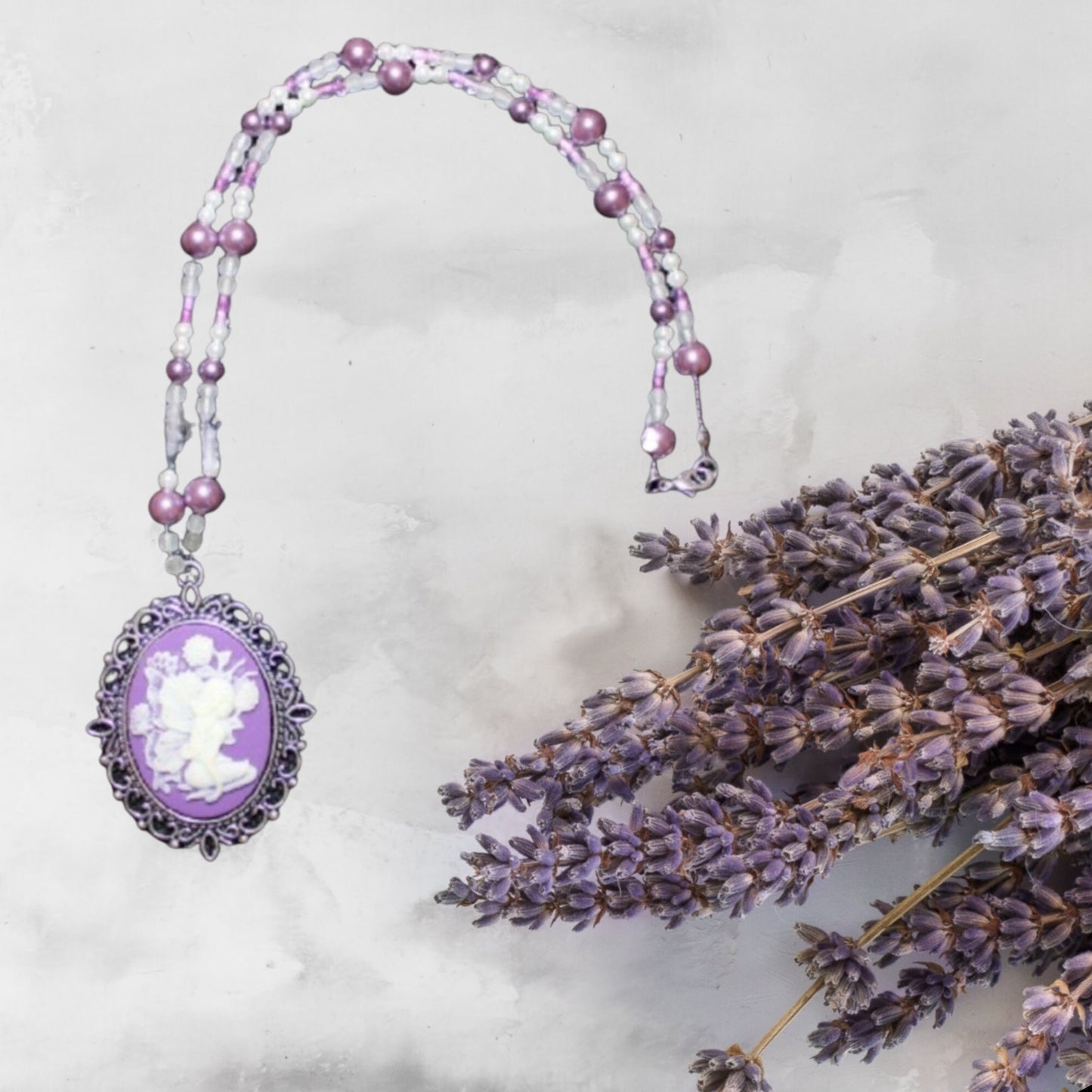 Purple & White Fairy Cameo Pendant Bead Necklace & Earring Set