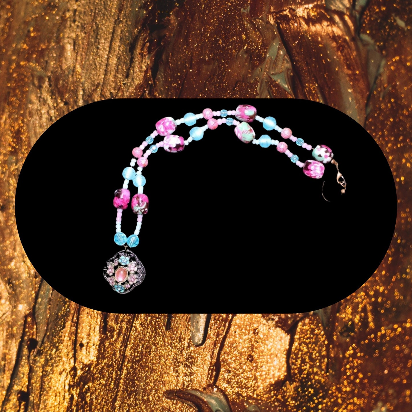 Pink and Blue Flower Pendant Bead Necklace & Earring Set