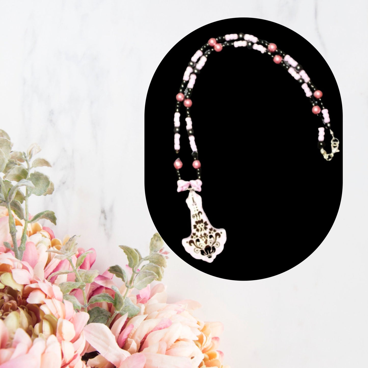 Pink and Black Floral Chandelier Pendant Bead Necklace