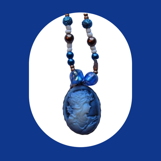 Blue Woman Cameo Pendant Bead Necklace