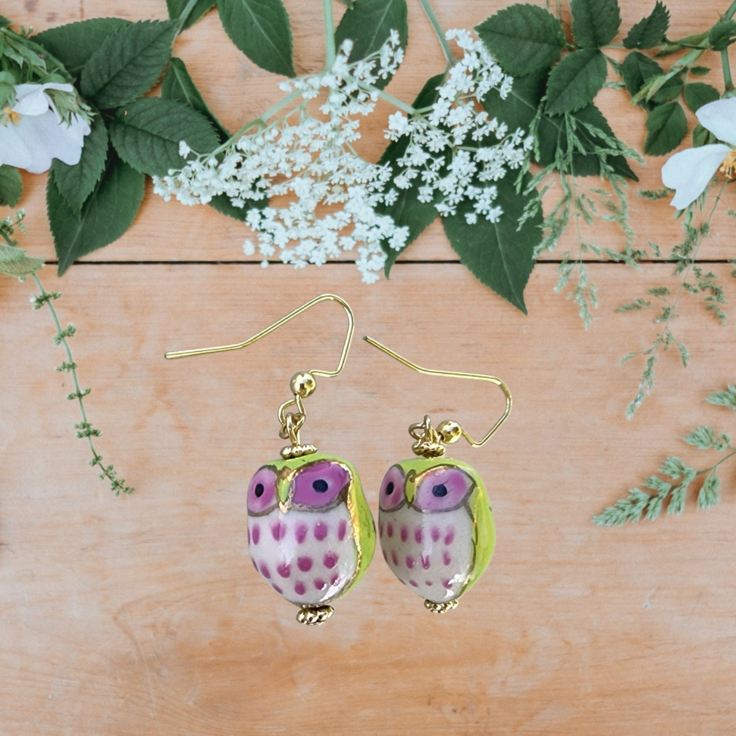 Green & Pink Owl Earrings