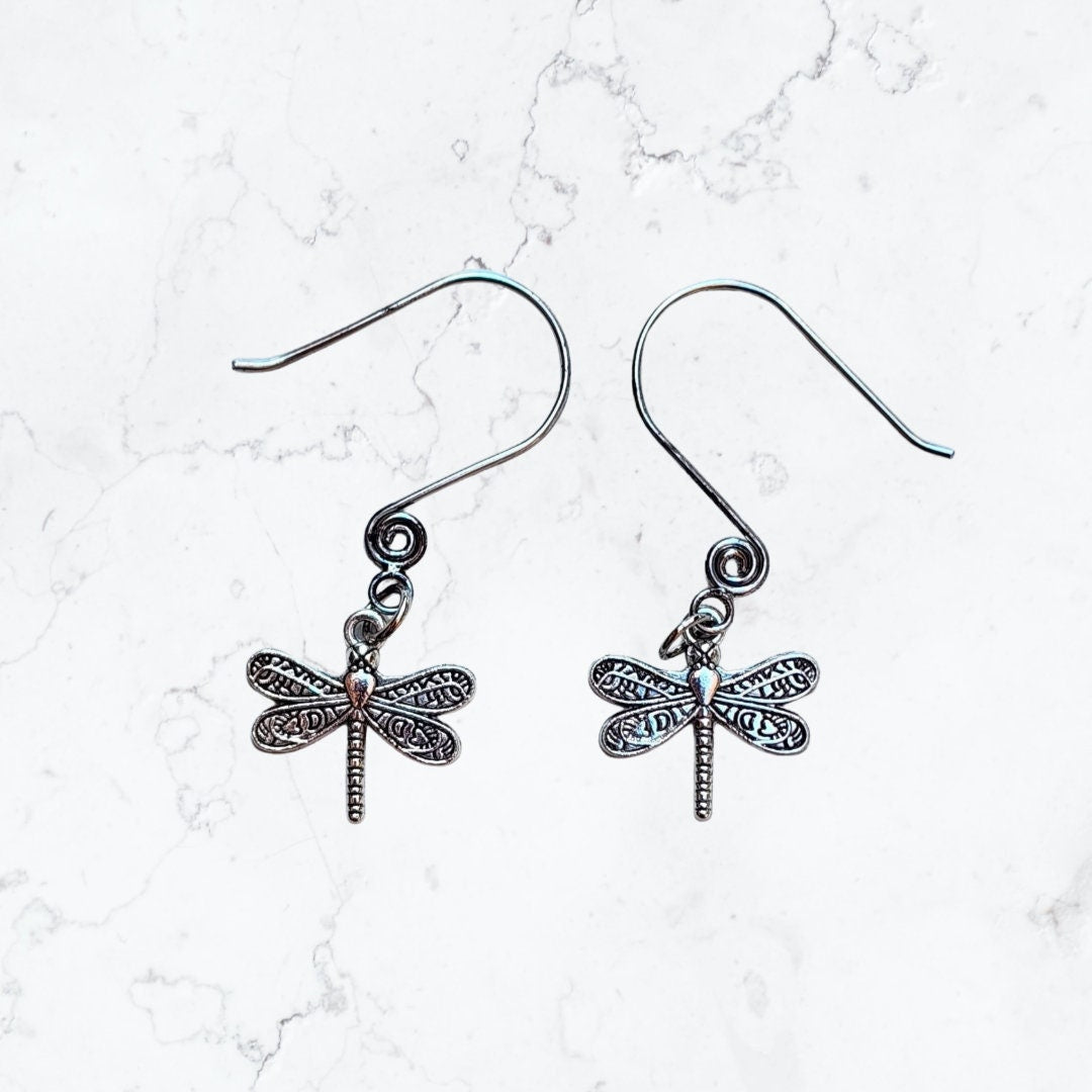 Silver Dragonfly Swirl Ear Wire Earrings