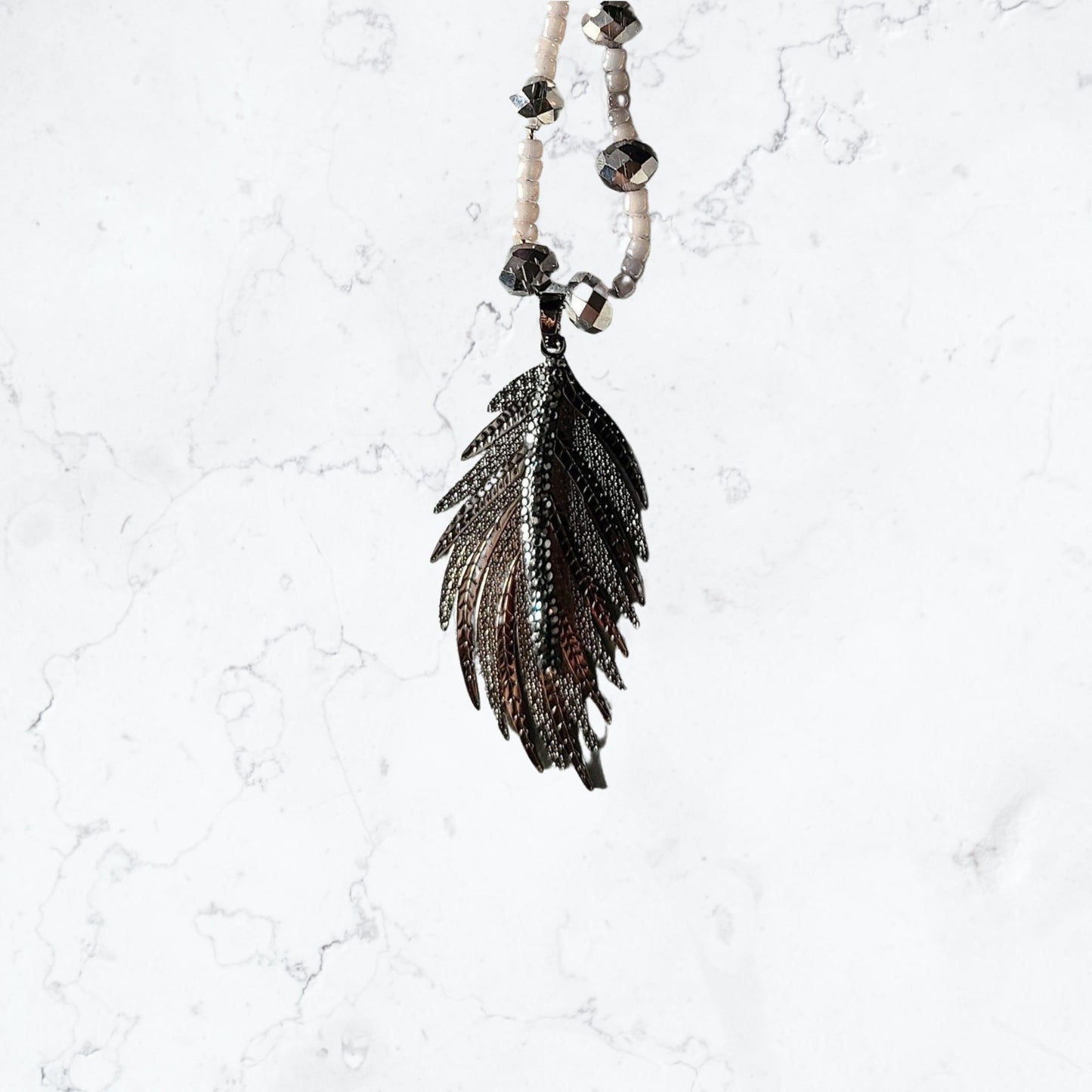 Black & Silver Feather Pendant Bead Necklace